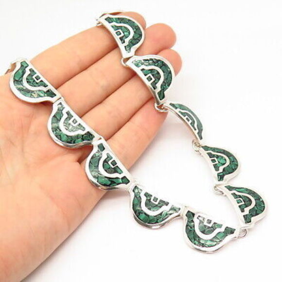 925 Sterling Silver Vintage Mexico Real Malahite Gem Inlay Chain